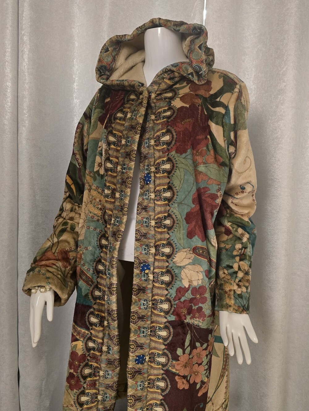 Johnny Was Multicolor Floral Patchwork Hooded Trench Coat Large Bohemian Cozy - Picture 9 of 9
